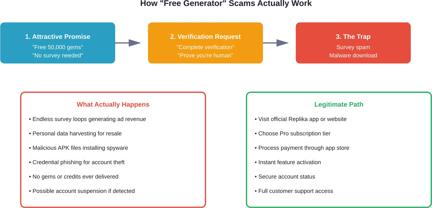 The scam workflow versus legitimate subscription process for Replika premium features