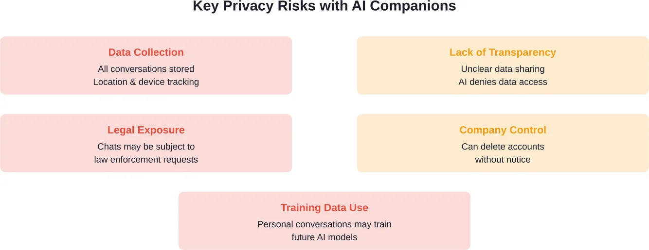Major privacy concerns identified by privacy organizations and user reports regarding AI companion platforms