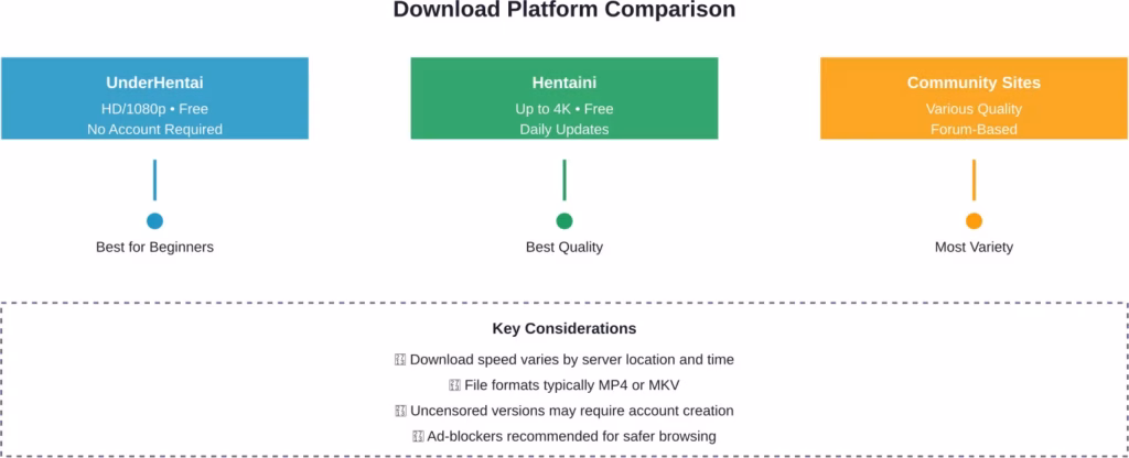 Comparison of major hentai download platforms and their primary features as of April 2026